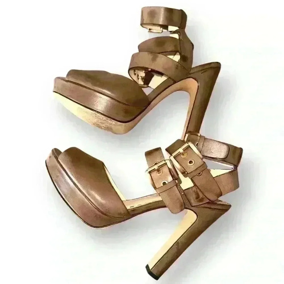 Coach Bliss 3-Buckle women’s Strapped Brown Leather Platform Heels Size 8.5B - Picture 1 of 11